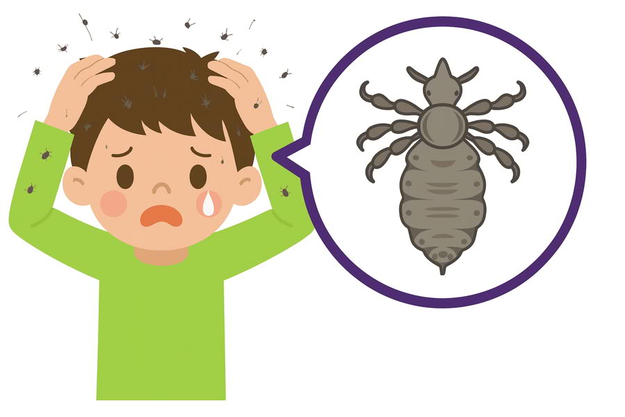 Otrok z zaskrbljenim izrazom si praska glavo zaradi naglavnih uši, ob njem pa je prikazana povečana ilustracija uši v oblačku.